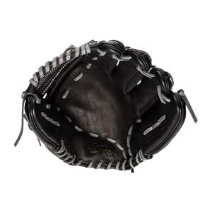 Top-down view of a black baseball glove with grey stitching and Capitol Series embossed on the palm.