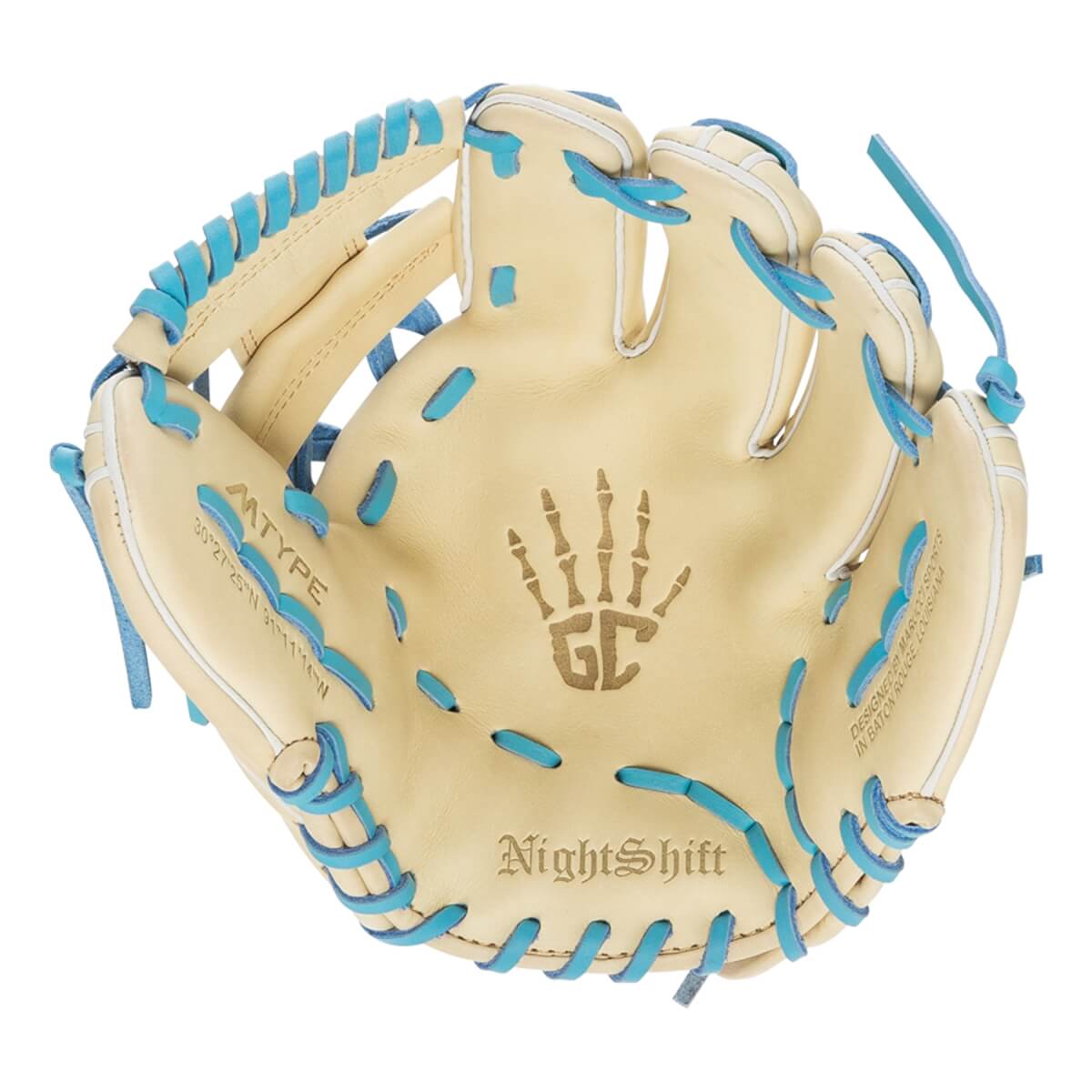 Top-down view of a tan baseball glove with blue lacing, a skeleton hand logo, and NightShift text.