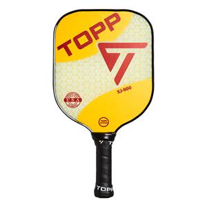 Front view of a yellow TOPP XJ-900 pickleball paddle with a red T logo and USA stamp.