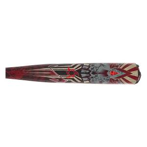 Side view of a red and gray baseball bat with a DeMarini logo and graphic design.