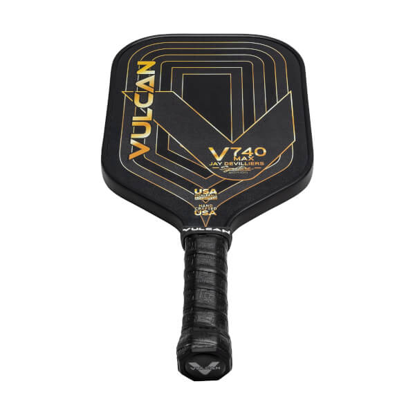 Front view of a black Vulcan V740 Max pickleball paddle with gold geometric design and black grip.