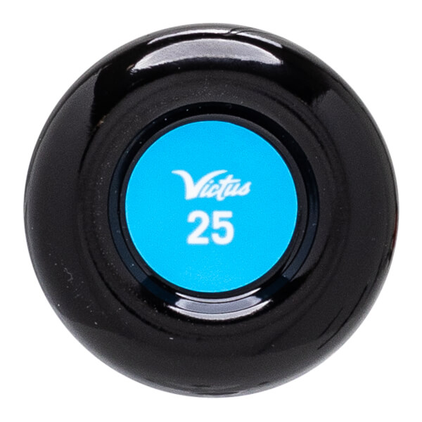 Top-down view of a black baseball bat end cap with a blue circle featuring Victus and 25.