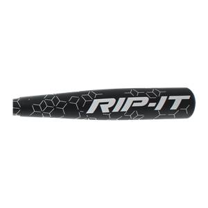 Side view of a black baseball bat with white geometric pattern and RIP-IT branding.