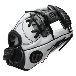 Side view of a white and black baseball glove with black laces and a Wilson logo.