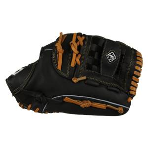 Side view of a black baseball glove with orange lacing and a diamond logo.