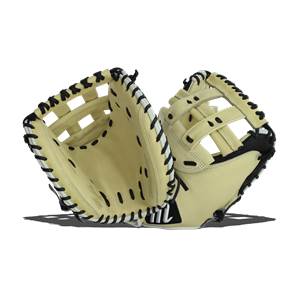 Interior view of a tan catchers mitt with black lacing and a black heel pad.