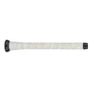 Side view of a white baseball bat grip with a black end cap and subtle patterned texture.