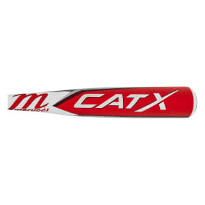 Side view of a red baseball bat with white CATX and marucci logos.