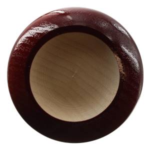 Top-down view of a dark red baseball bat with a natural wood interior.