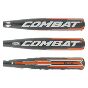 Bottom view of a black baseball bat with orange accents, VIGOR text, and -10 marking.
