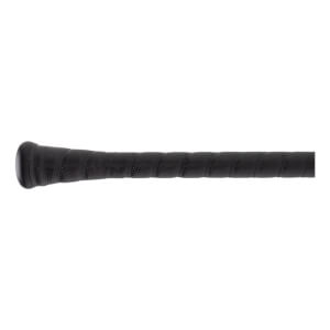Close-up of a black baseball bat grip with a textured spiral pattern.