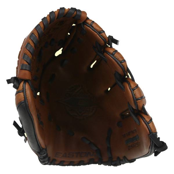 Top-down view of a brown Easton Diamond Select Fastpitch Series glove with black lacing and a textured palm.
