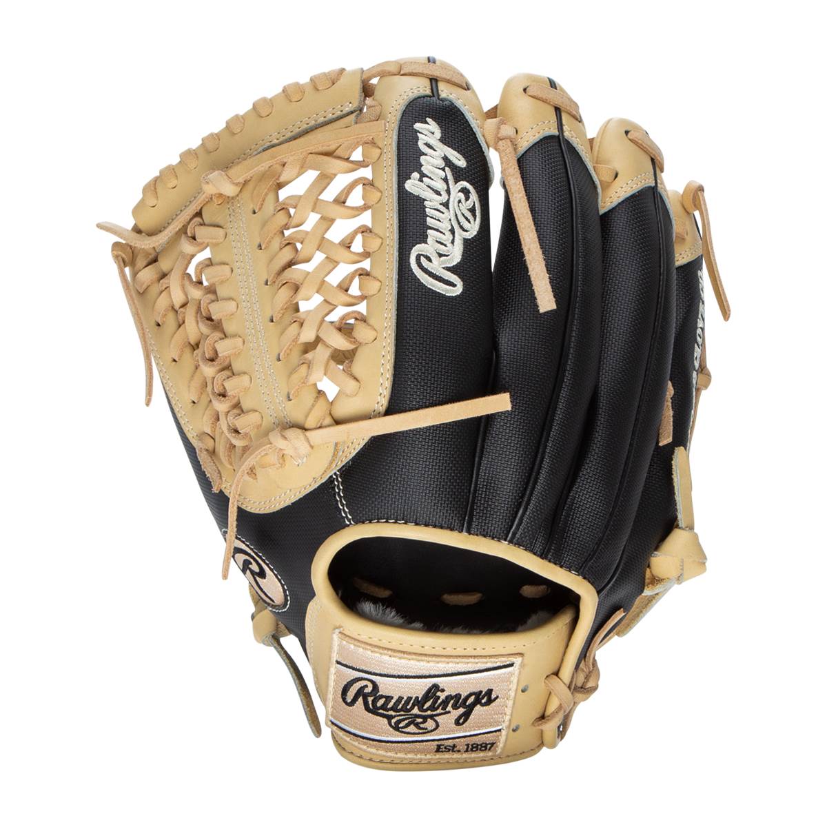 Front view of a black and tan baseball glove with Rawlings branding and a woven web.