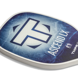 Corner view of a blue and white pickleball paddle with a large T logo and ASCEND LX text.