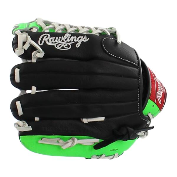 Side view of a black baseball glove with green accents and Rawlings branding.