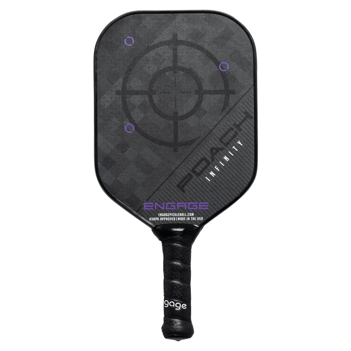 Front view of a black pickleball paddle with a target design, POACH INFINITY text, and ENGAGE logo.