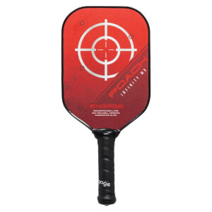 Front view of a red pickleball paddle with a target design, POACH INFINITY MX text, and a black grip.