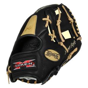 Front view of a black Miken baseball glove with tan lacing and Super Soft text.