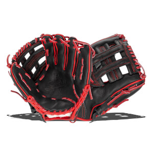 Angled front view of a black baseball glove with red lacing, an H-web, and the Shoeless Joe logo on the palm.