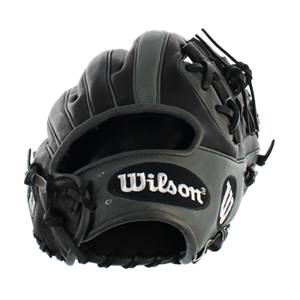 Side view of a black and gray Wilson baseball glove with white stitching and a logo patch.