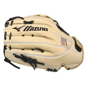 Side view of a tan Mizuno fastpitch mitt with black lacing and a SureFit Foam label.