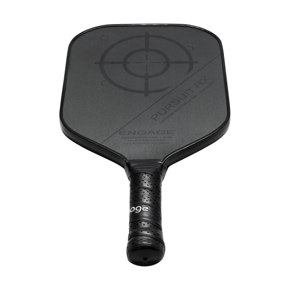 Top-down view of a black pickleball paddle with a target design, PURSUIT RX text, and ENGAGE branding.
