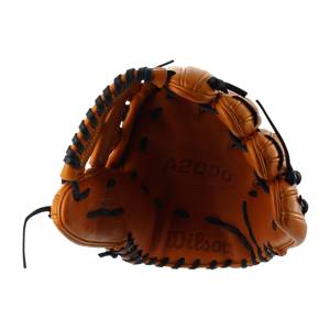 Top-down view of a tan baseball glove with black lacing and A2000 and Wilson branding.