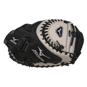 Top-down view of a black and tan Mizuno catchers mitt with white stitching and a Mizuno logo.