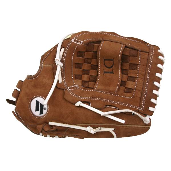 Side view of a brown baseball glove with white stitching, a checkered web, and D1 text.