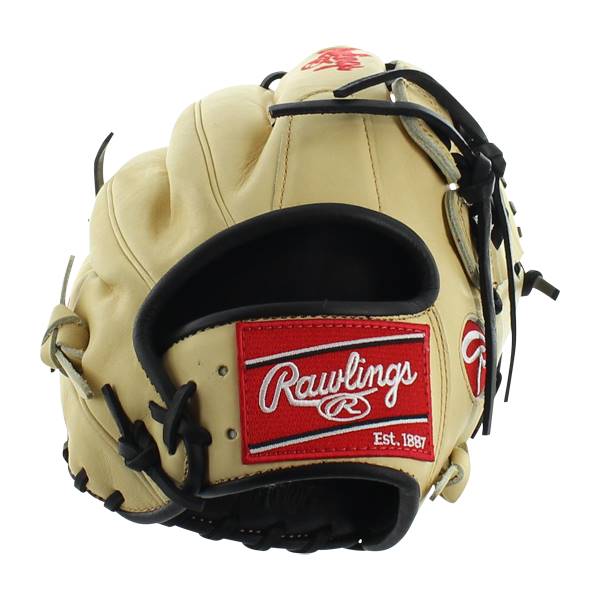 Close-up of a tan baseball glove with a red Rawlings patch and black lacing.