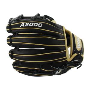 Front view of a black baseball glove with gold lacing and A2000 branding.