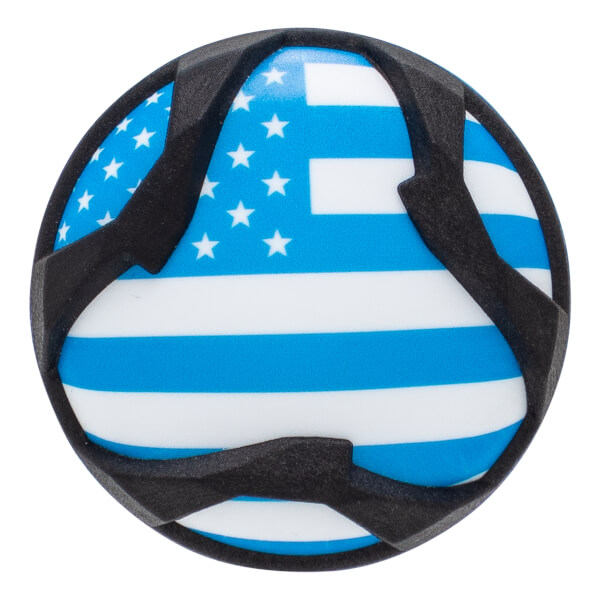 End cap view of a black baseball bat with a blue and white American flag design.