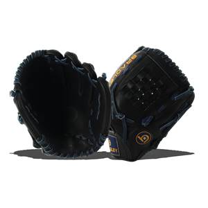 Front view of a black baseball glove with blue stitching and BRADLEY text.