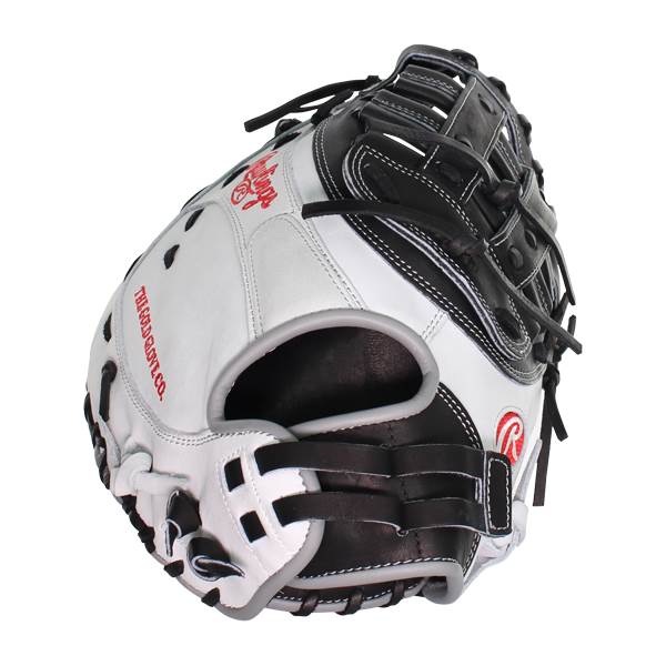 Top-down view of a white and black first base mitt with red Rawlings branding and THE GOLD GLOVE CO. text.