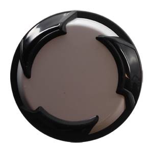 Top-down view of a white softball bat end cap with black accents.