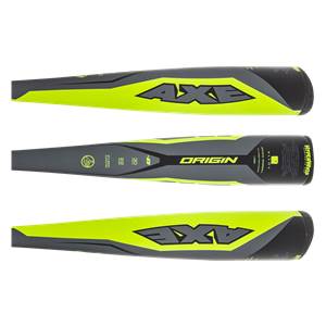 Side view of a gray and neon yellow Axe Origin baseball bat with AXE and ORIGIN logos.