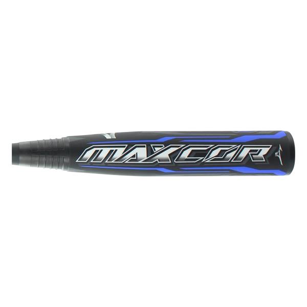 Side view of a black baseball bat with blue MAXCOR branding and a textured grip.