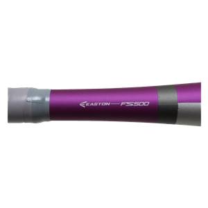 Close-up of a purple Easton S500 fastpitch softball bat with gray grip tape and silver accents.