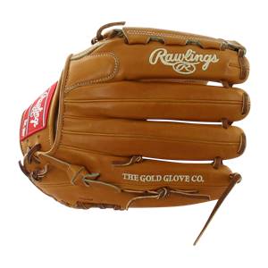 Front view of a tan baseball glove with Rawlings logo and THE GOLD GLOVE CO. text.