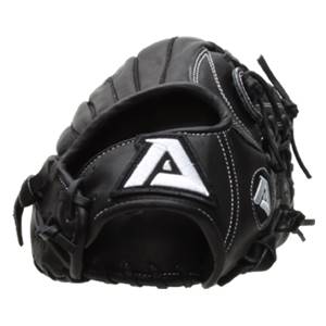 Side view of a black baseball glove with white stitching and a large white A logo.