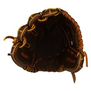 Top-down view of a brown baseball glove with tan lacing and a debossed Mizuno logo.