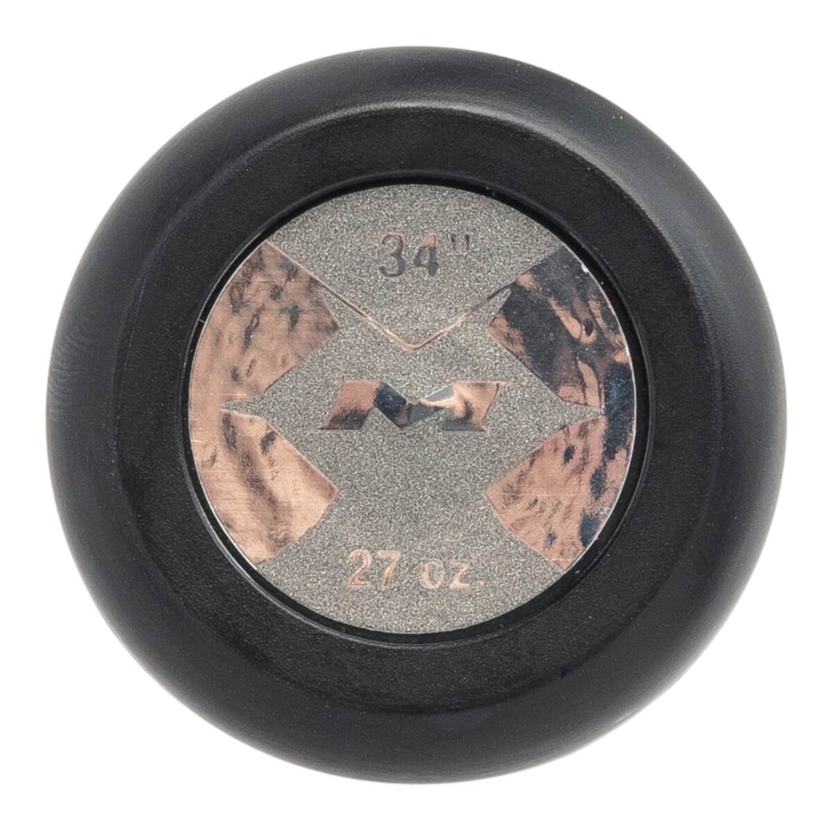 Top-down view of a black softball bat end cap with 34 and 27 oz. markings and a silver M logo.