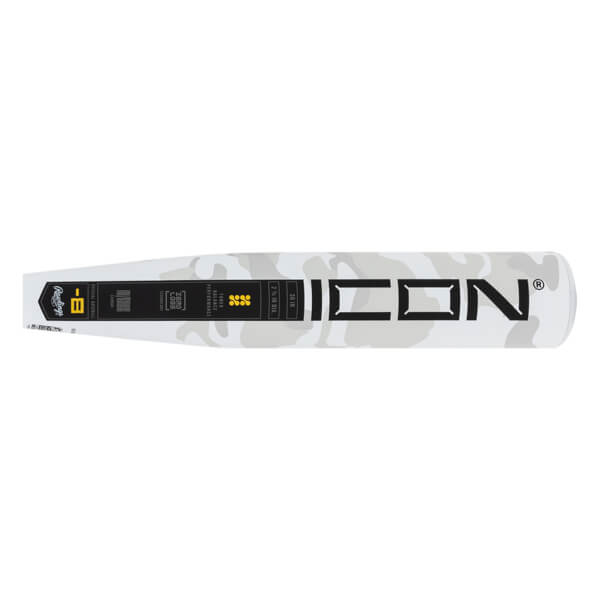 Side view of a white and grey camouflage baseball bat with ICON printed in black and a black label showing Rawlings and -8.