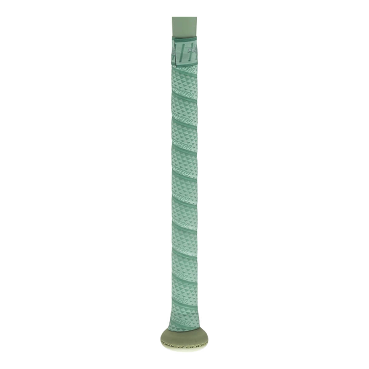 Close-up of the light green bat handle featuring textured grip tape with repeating EASTON text and a rounded knob at the base with the words POWER BOOST.