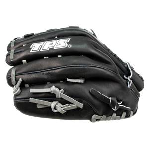 Side view of a black baseball glove with white TPS logo and gray lacing.