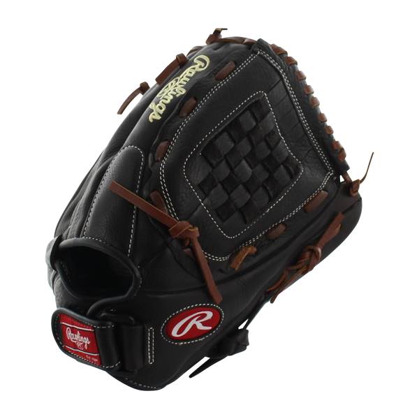 Top-down view of a black Rawlings glove with white stitching and a woven pocket.