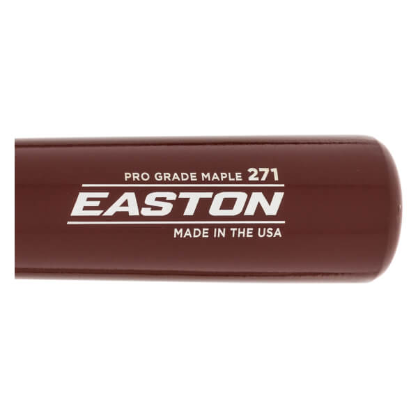 Side view of a brown Easton baseball bat with PRO GRADE MAPLE 271 and MADE IN THE USA text.