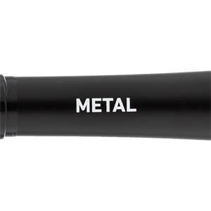 Close-up of a black baseball bat with METAL printed in white.