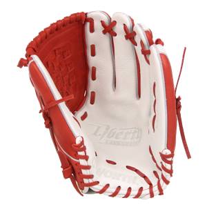 Interior view of a scarlet red baseball glove with white palm and red lacing.