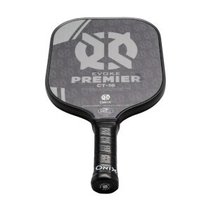 Top-down view of a black pickleball paddle with EVOKE PREMIER CT-16 and ONIX branding.